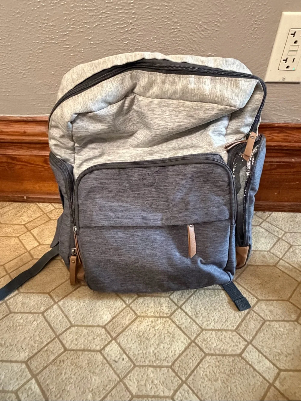 Eddie Bauer Two-Tone Gray & Navy Canvas Backpack with Tan Accents